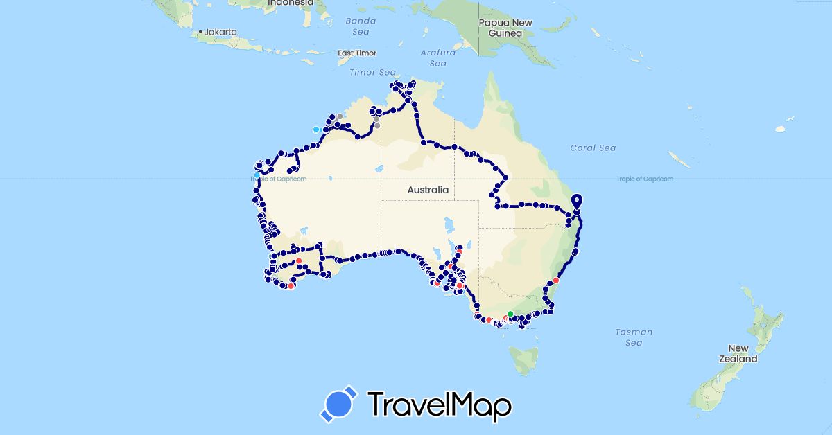TravelMap itinerary: driving, bus, plane, train, hiking, boat, ferry, chairlift in Australia (Oceania)