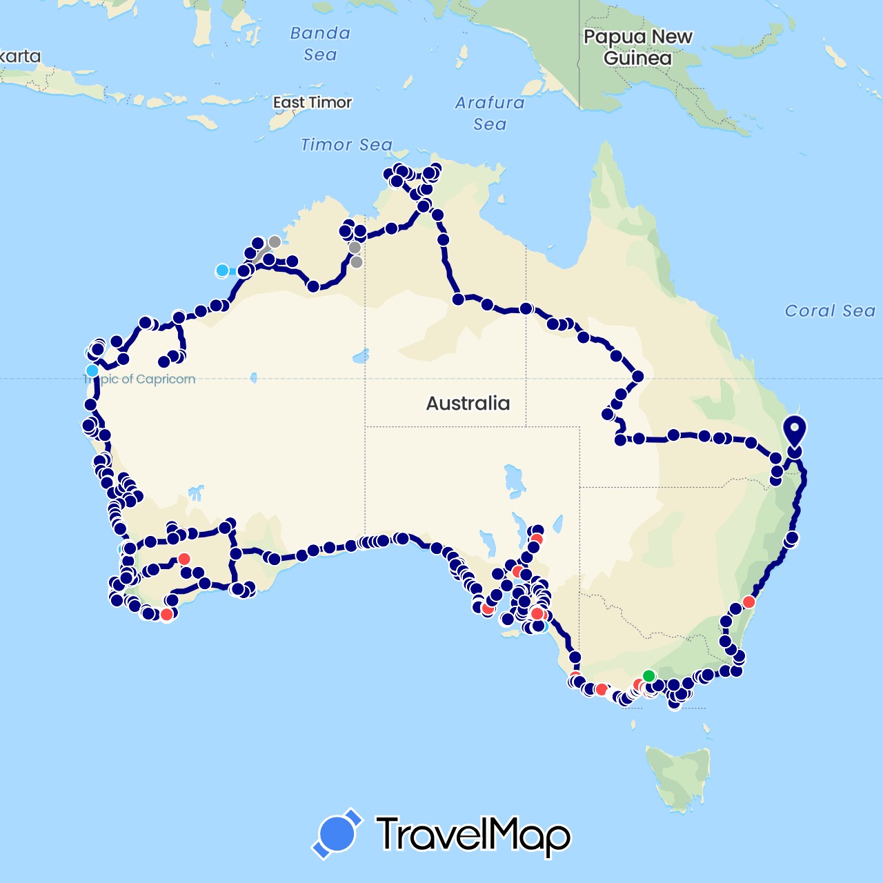 TravelMap itinerary: driving, bus, plane, train, hiking, boat, ferry, chairlift in Australia (Oceania)