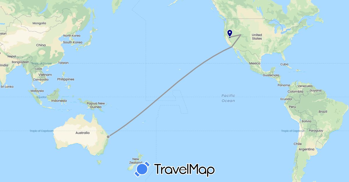 TravelMap itinerary: driving, plane in Australia, United States (North America, Oceania)