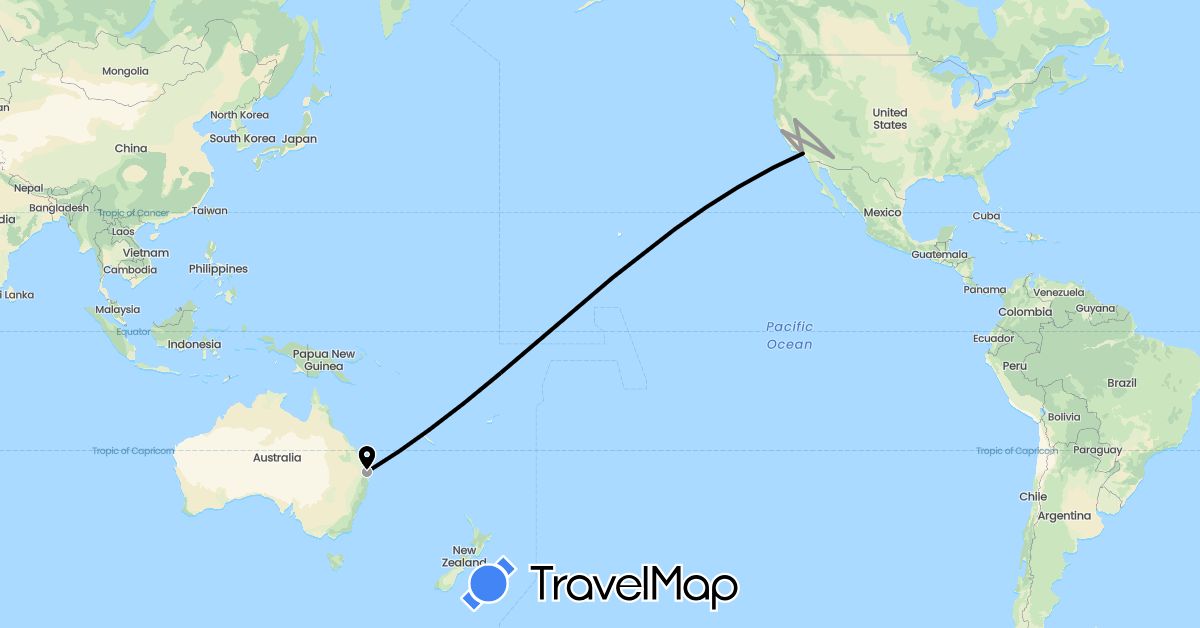 TravelMap itinerary: driving, plane, skiing in Australia, United States (North America, Oceania)