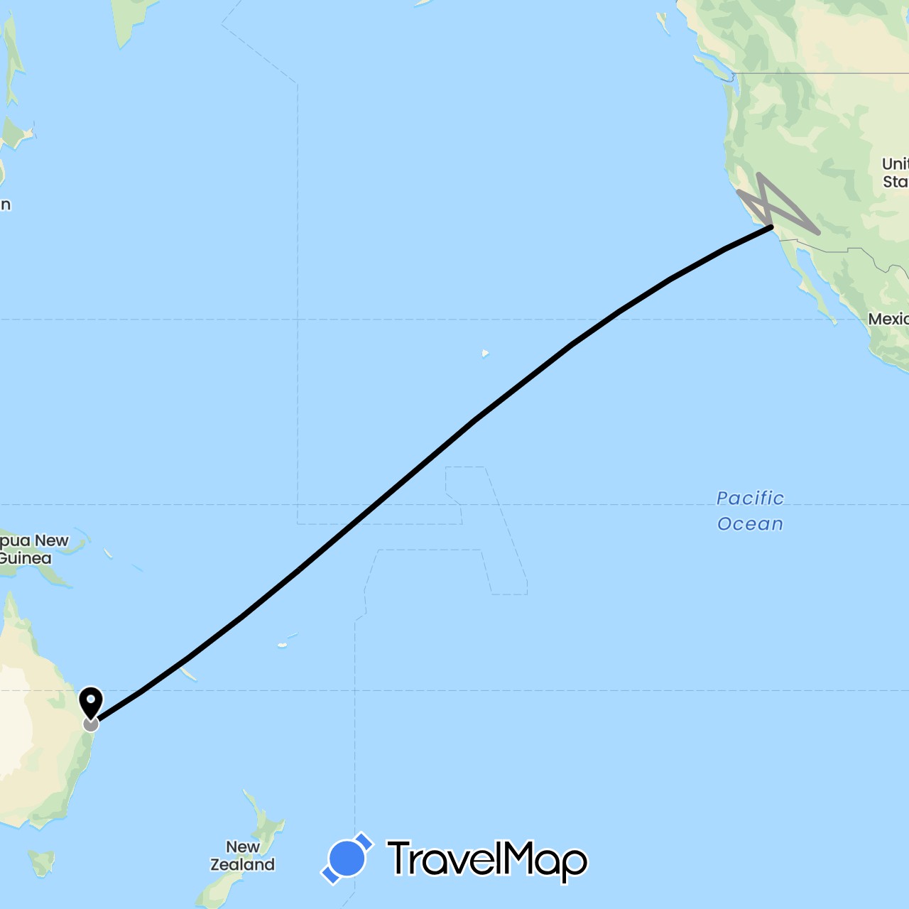 TravelMap itinerary: driving, plane, skiing in Australia, United States (North America, Oceania)