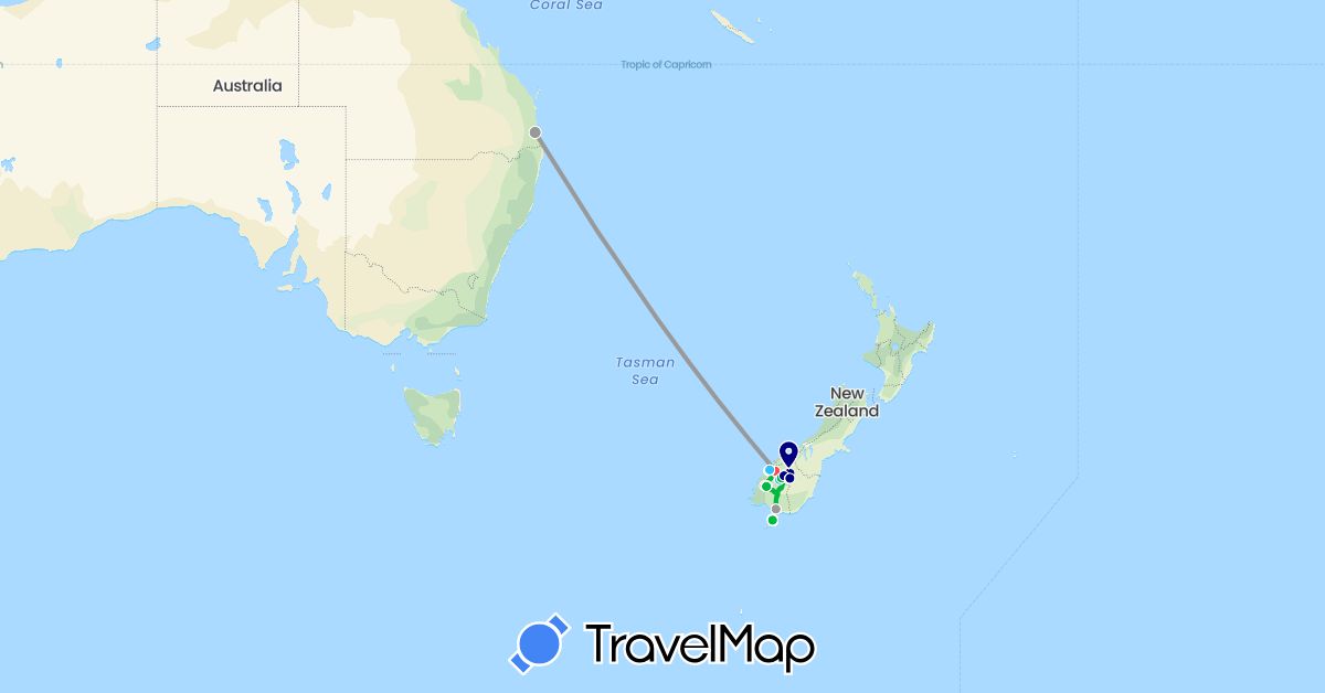TravelMap itinerary: driving, bus, plane, hiking, boat, helicopter in New Zealand (Oceania)