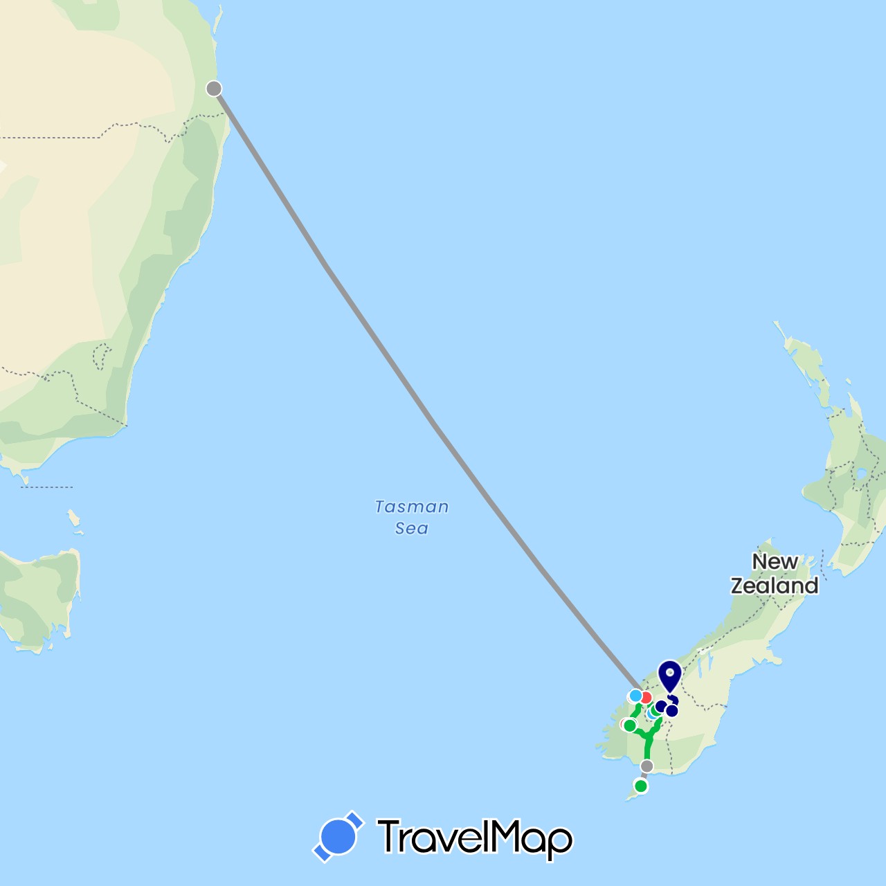TravelMap itinerary: driving, bus, plane, hiking, boat, helicopter in New Zealand (Oceania)